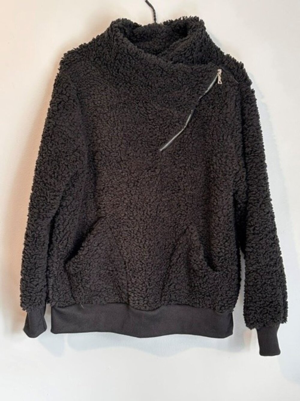 Black Teddy Sherpa Pullover Sweater Asymmetrical Zip Collar Size Small